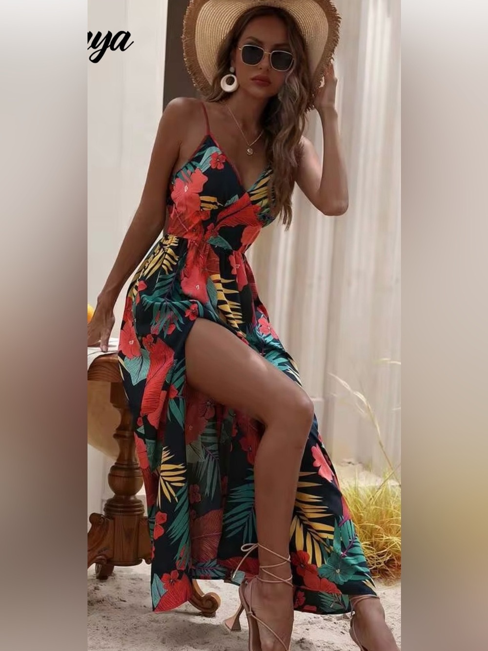 Tropical Floral  Maxi Dress with Side Slit